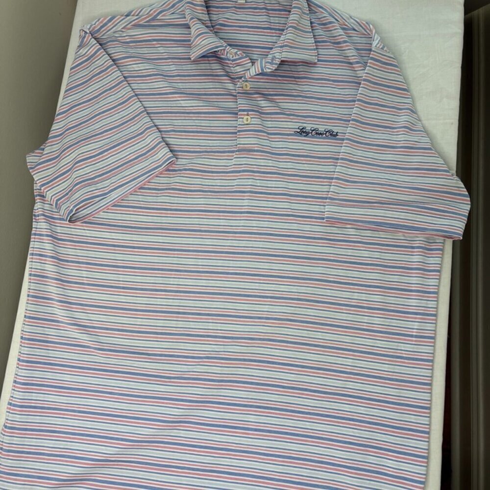 Peter Millar Summer Comfort Blue and Pink Stripe Short Sleeve Polo size Large